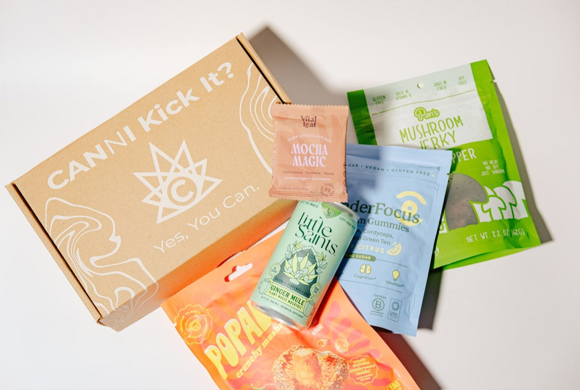 Canni functional mushroom subscription box with drinks, gummies, and snacks