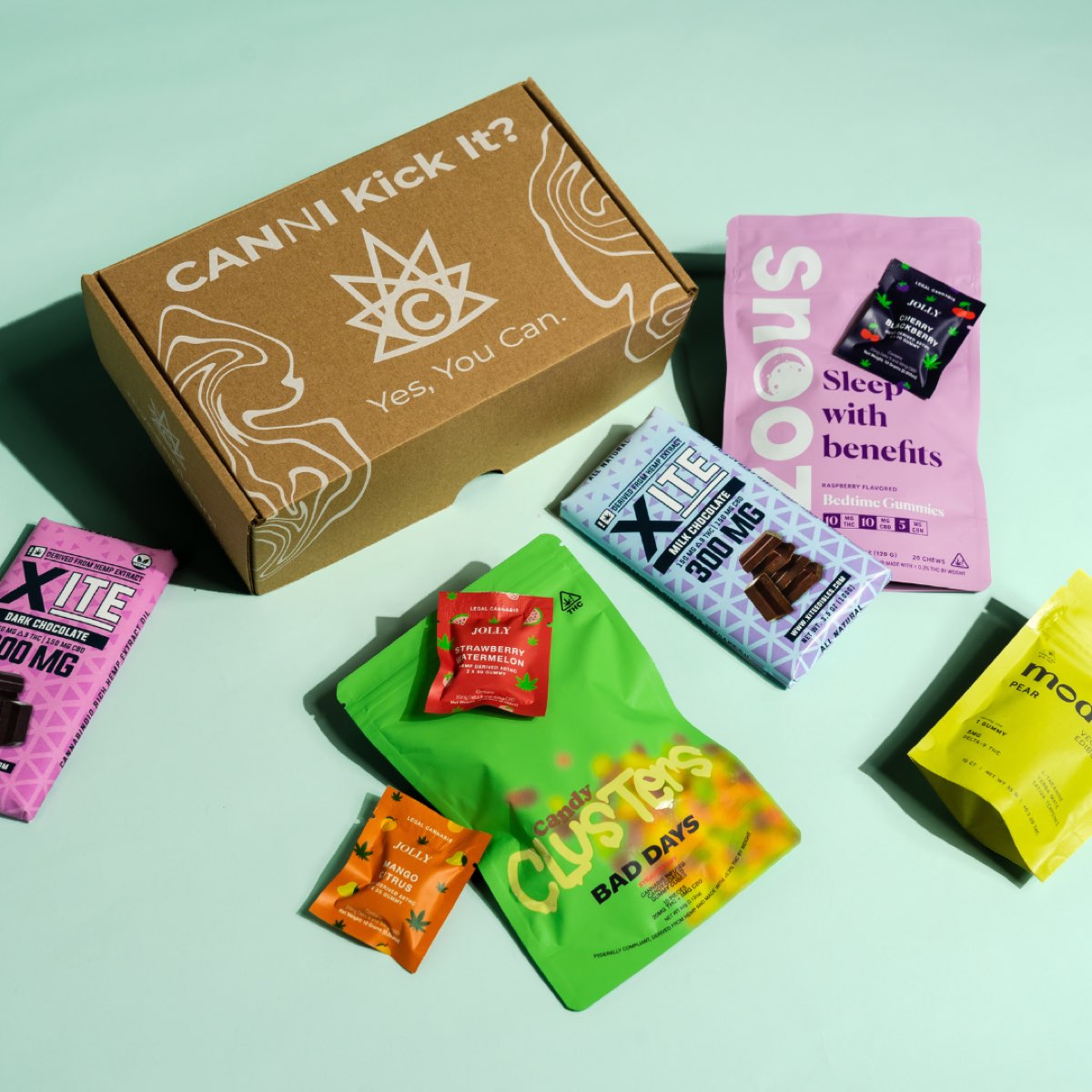 Canni THC subscription box with gummies and infused chocolates